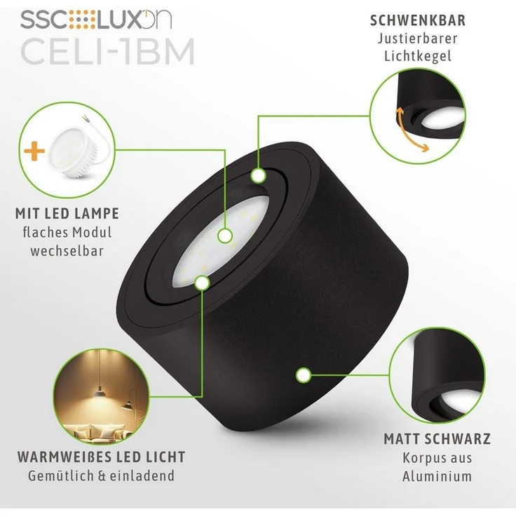 SSC-LUXon LED Aufbaustrahler CELI-1BM LED Aufbauspot schwarz 6W dimmbar warm neutral kalt Spot, Tageslichtweiß, Warmweiß, Neutralweiß – Bild 3