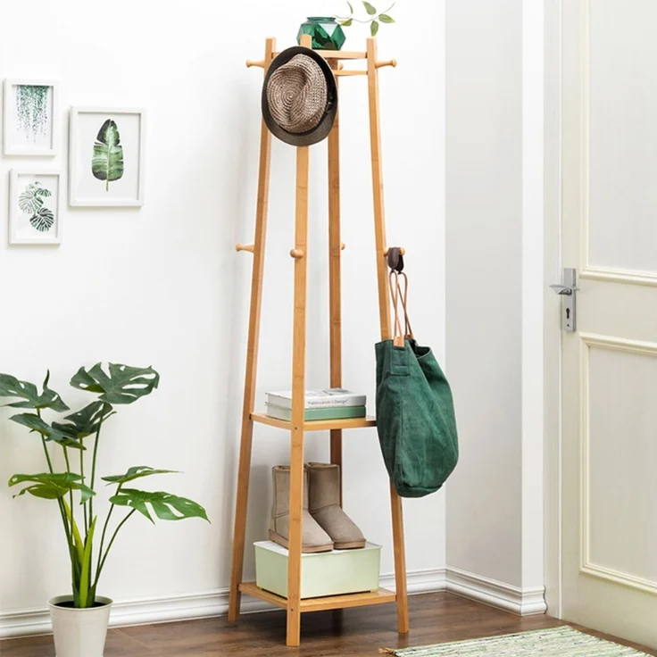 UNHO Kleiderständer Garderobenständer mit 8 Haken 3 Ablagen Bambus Beige 39 x 39 x 169 cm – Bild 3