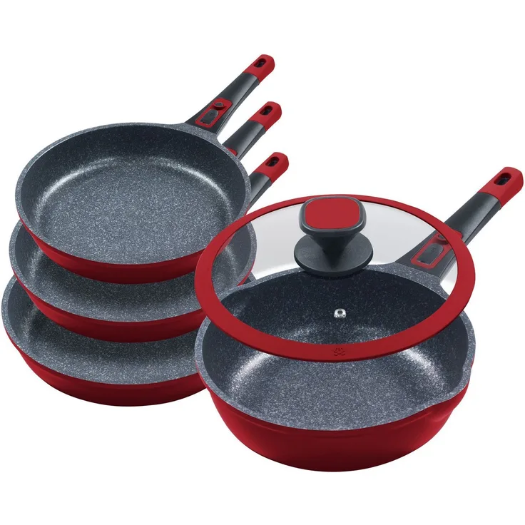 KING Pfannen-Set Moonscape, Aluminiumguss (Set, 5-tlg, je 1 Pfanne Ø 20/24/28/28 cm, H: 4,5/5/5,5/8,5 cm, - 1/1,9/2,5/4 l), abnehmbarer Griff, MOONSCAPE-Beschichtung, Induktion