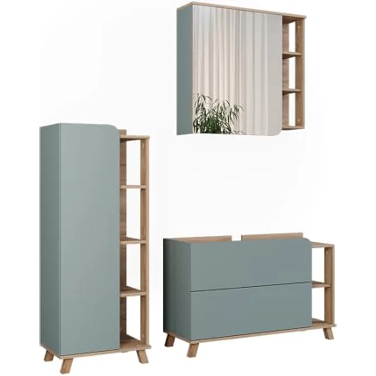 Vichy Badmöbel-Set Karen, Sonoma/Blau, 3-teilig mit elegantem Waschbeckenunterschrank und geräumigem Spiegelschrank