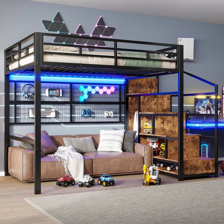 Hochbett mit RGB LED-Streifen, Rausfallschutz, 140x200cm, Treppe mit Regal und Kleiderschrank, Kinderbett, Metallbett – Bild 1