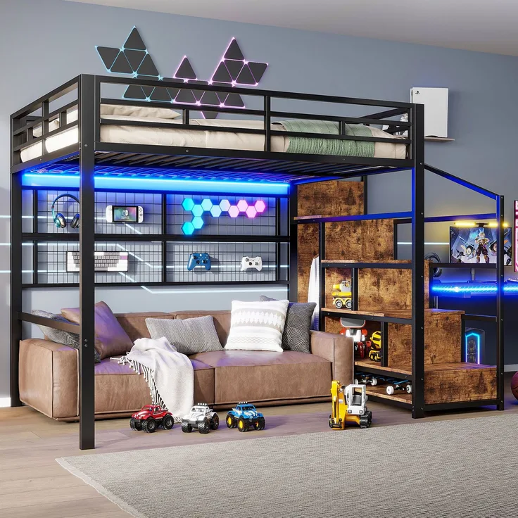 Hochbett mit RGB LED-Streifen, Rausfallschutz, 140x200cm, Treppe mit Regal und Kleiderschrank, Kinderbett, Metallbett