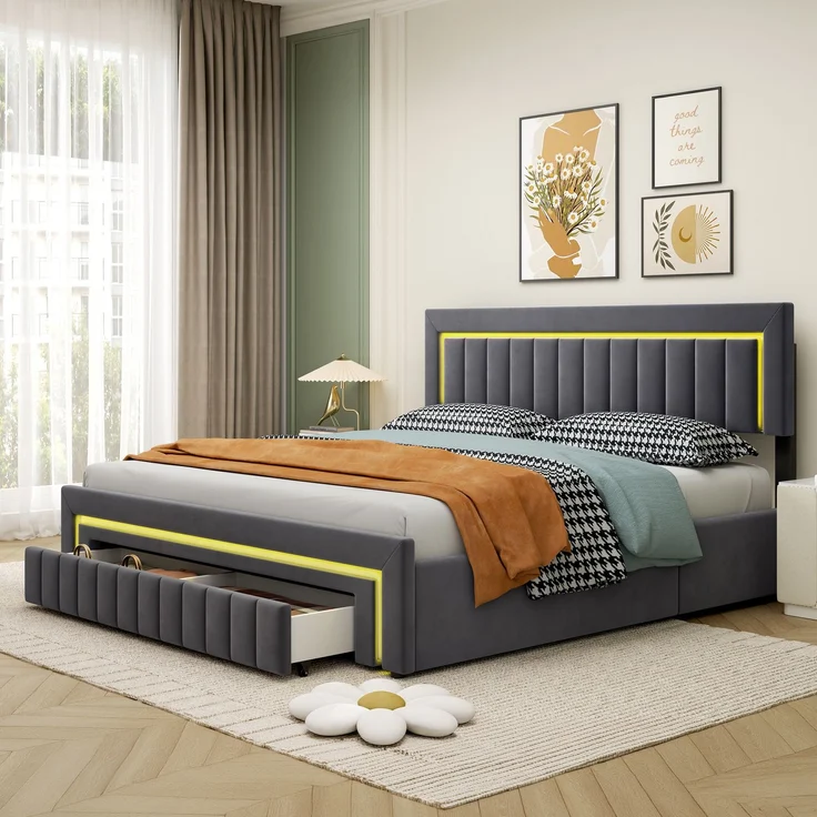 Polsterbett 180x200 cm mit LED-Beleuchtung, Samtbezug und Schubladen, Dunkelgrau – Ohne Matratze – Bild 3