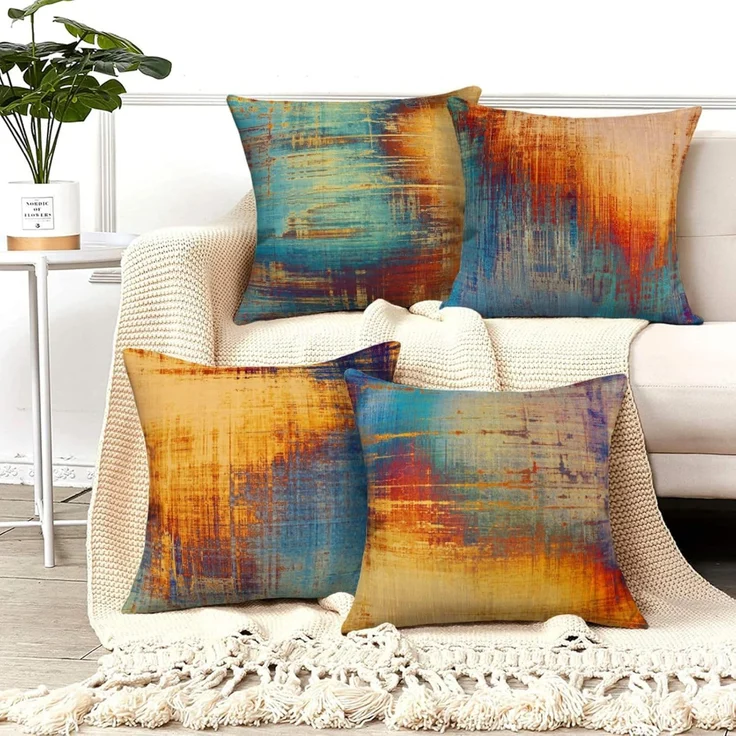Kissenbezüge 40×40 cm 4er-Set Abstrakte Kunst Blau/Orange, Modern Sofa/Bett Deko – Bild 5