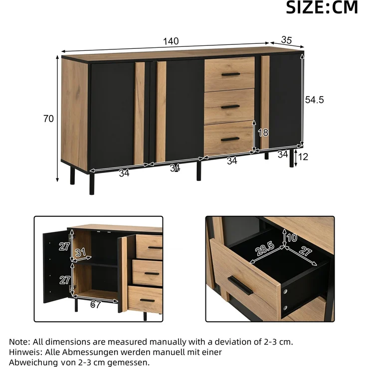DESVIAE Sideboard Schwarz/Holzoptik aus MDF – 140x70x35 cm – 3 Türen, 3 Schubladen – Bild 10