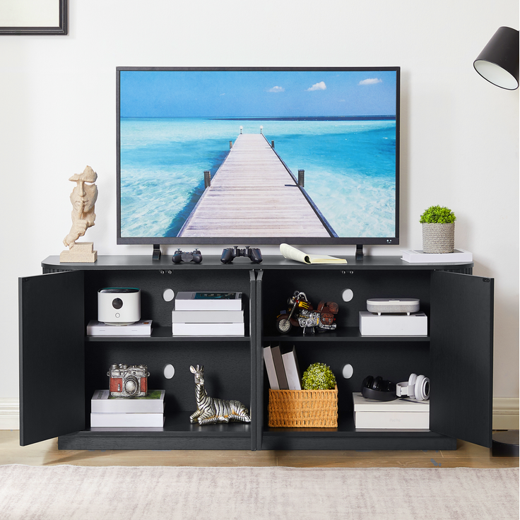 DESVIAE Sideboard mit 4 Türen und Wellenmuster 162,5x61x38 cm MDF Schwarz – Bild 3
