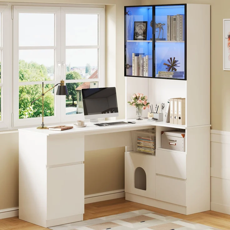 Flieks Eckschreibtisch mit LED-Vitrine & Regal 120×80×180 cm, Computertisch mit 3 Schubladen, 2 Türen, Haustierfach, Rechte Ecke, Weiß – Bild 2