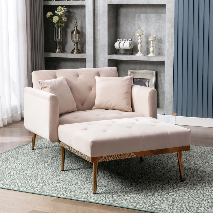 Relaxsessel mit verstellbarer Rückenlehne,3-stufig klappbarer Ruhesessel aus Plüschstoff mit 2 Kissen,Beige – Bild 3