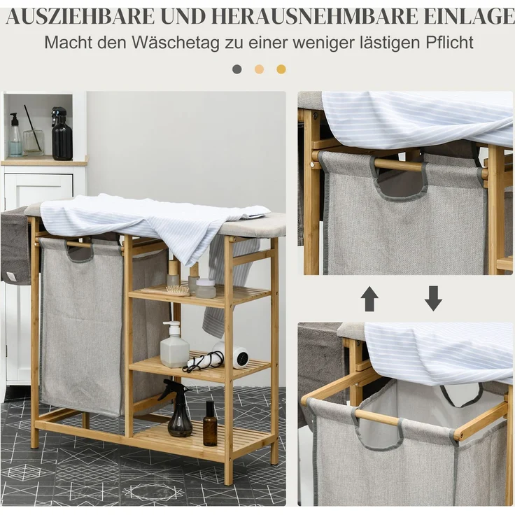 Wäschekorb 57,4 L Wäschesammler mit Bügelbrett und Bügeleisen, Wäschebox mit 3-Ebenen-Regal, ausziehbar und abnehmbare Tasche--Natürlich--113x34x82cm--YOUDENOVA – Bild 6