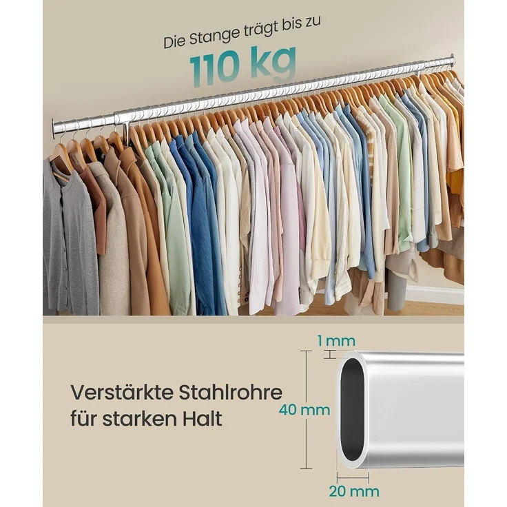 SONGMICS Kleiderständer auf Rollen, Garderobenständer, hochbelastbar, ausziehbare Kleiderstange, bis 110 kg belastbar, 45 x (160-200) x 162,9 cm, aus Metall, verchromt, silbern – Bild 3