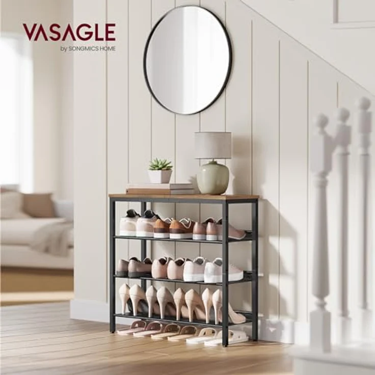 VASAGLE Schuhregal, Schuhablage, 4 Ebenen, große Oberfläche, verstellbare Gitterablagen, platzsparend für Eingangsbereich Flur, Metall, Industrie-Stil, honigbraun-tintenschwarz LBS040K01 – Bild 3
