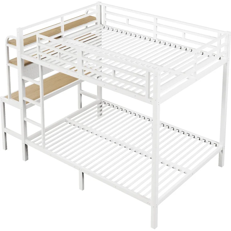Etagenbett, 140x200 cm, Eisenrahmen, Ablagefach, Schreibtisch, mit LED-Lichtleiste, USB-Anschluss, Sicherheitsgeländer, Leiter, ohne Matratze, Weiß – Bild 8