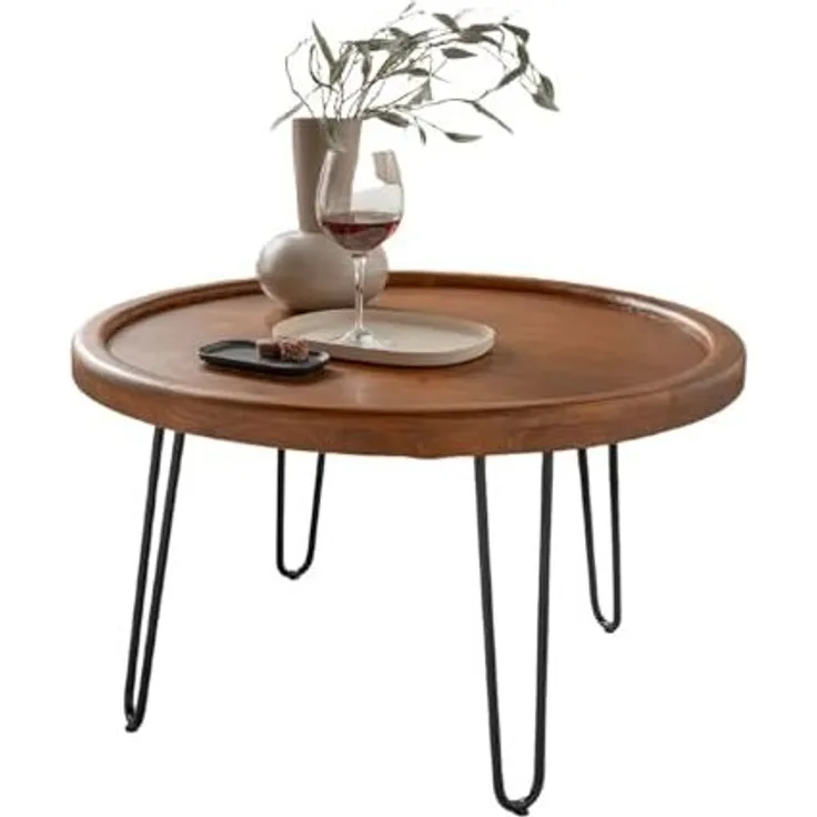 Liadomo Couchtisch Bettina, Tischplatte rund, massives Akazienholz, Metallgestell schwarz