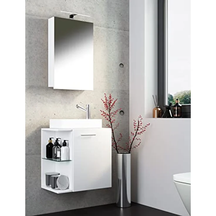 VCM Waschplatz "Hausa", Badmöbelset 3-tlg. für Gäste WC, mit Spiegelschrank, Keramik-Waschbecken, inkl. Glasfächern, Weiß – Bild 2