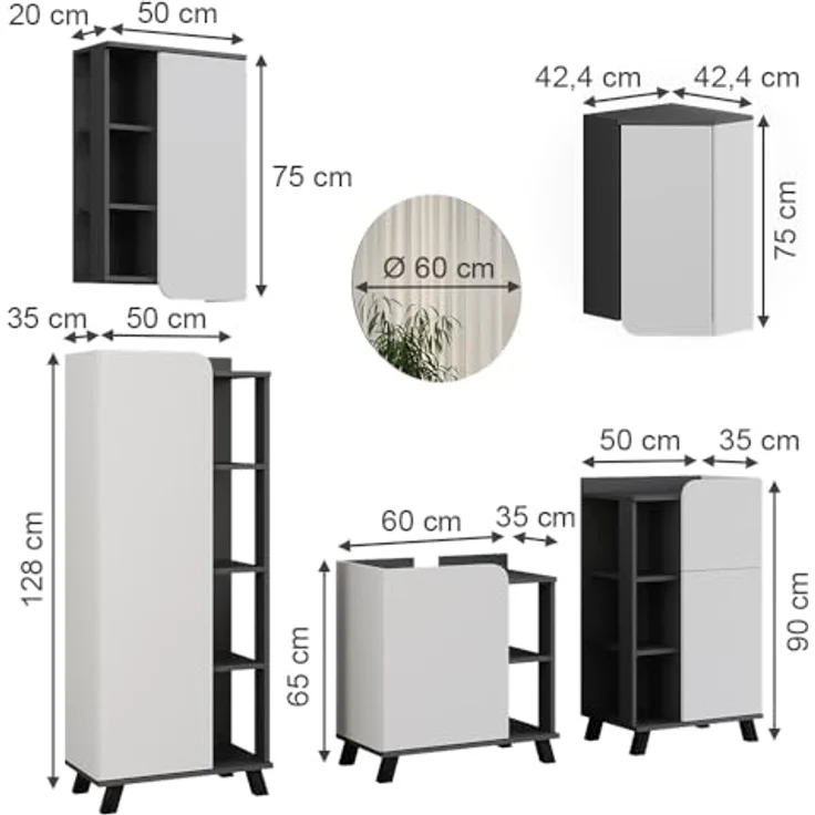 Vichy Badmöbelset Karen, 5-teilig, anthrazit/weiß, inkl. Waschbeckenunterschrank und Badspiegel mit Ablageflächen – Bild 2