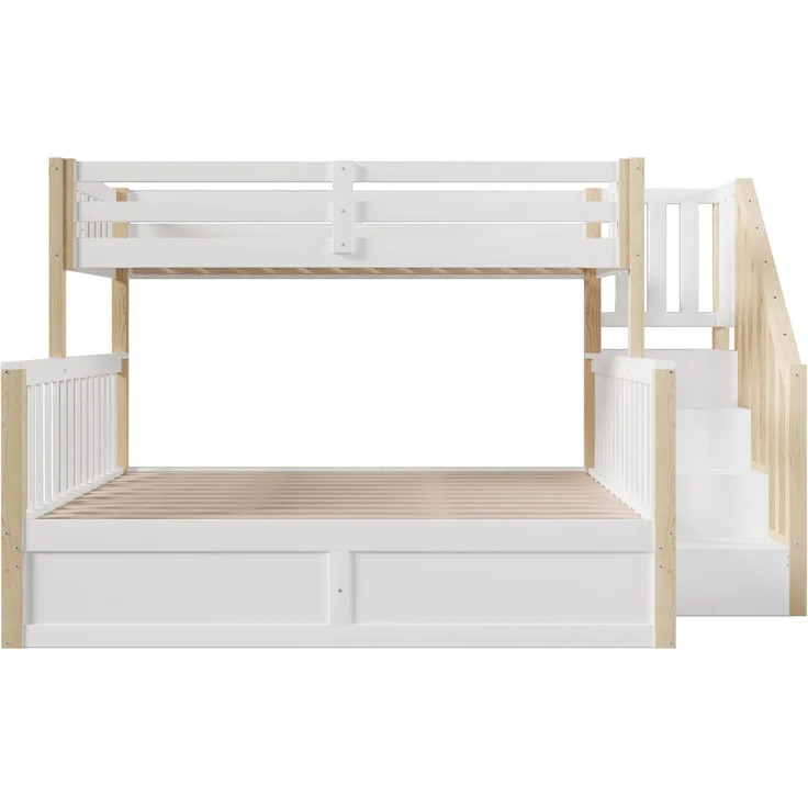 Etagenbett mit 2 Liegeflächen, Stauraum und Rausfallschutz, 90x200cm/140x200cm, Treppe mit Regal, Kinderbett, Jugendbett, Kiefer – Bild 9