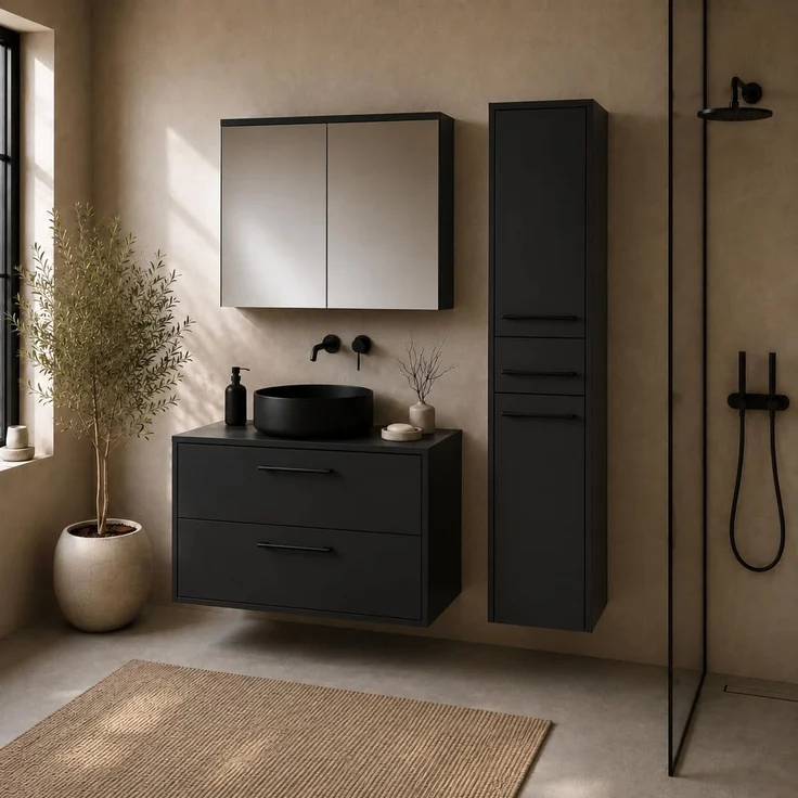 Badplaats Waschtischunterschrank-Set Florence 80 x 46 cm - Mattschwarz - mit Spiegelschrank und Hochschrank – Bild 5