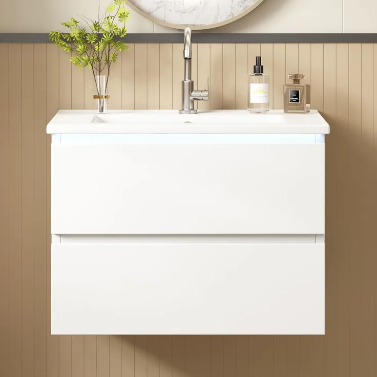 61×46×45cm wandhängender Waschtisch, hochwertig lackiert, mit LED-Radarsensorleuchte, 2 Schubladen mit geräuscharmen Schienen, integriertes Waschbecken, minimalistisches Design, Weiß