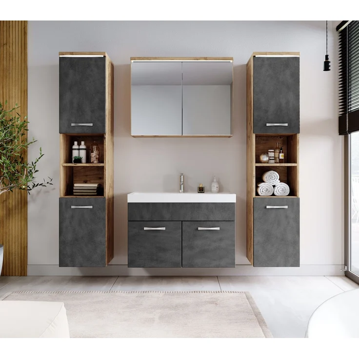 Badplaats Badmöbel Komplettset Paso XL LED 80x40 cm Kastanien Eiche mit Dunkel Grau - Badezimmermöbel mit Waschbecken, Spiegelschrank und 2 Badezimmerschränke – Bild 3
