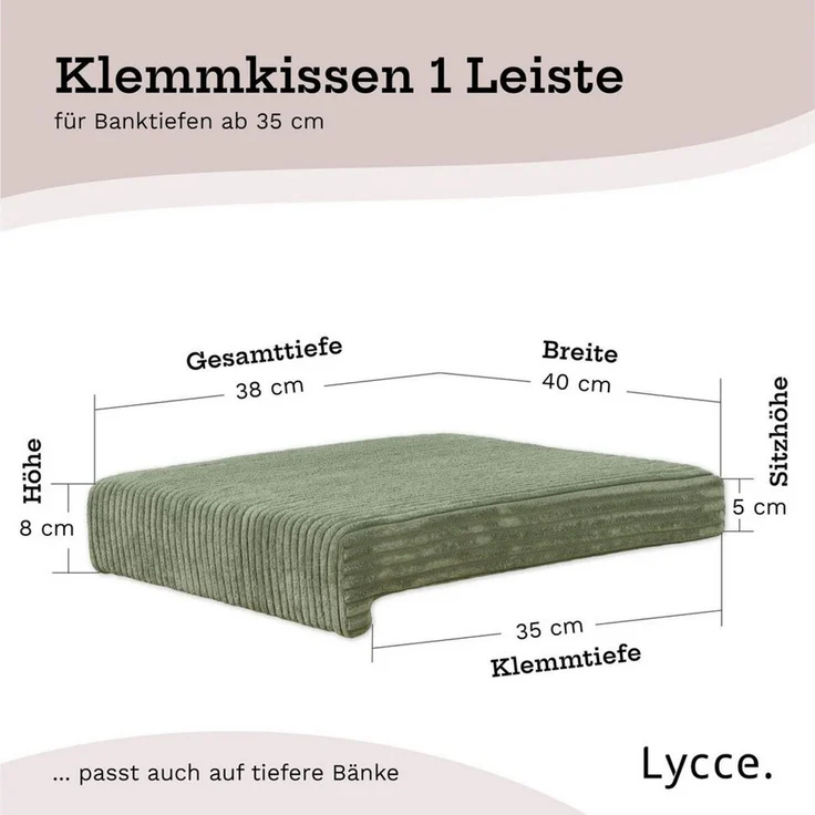 Lycce Bankauflage Bankauflage Klemmkissen 1 Leiste, Cordstoff extra Polsterung, (1 St), für Banktiefe ab 35 cm, verrutscht nicht, versch. Farben – Bild 3