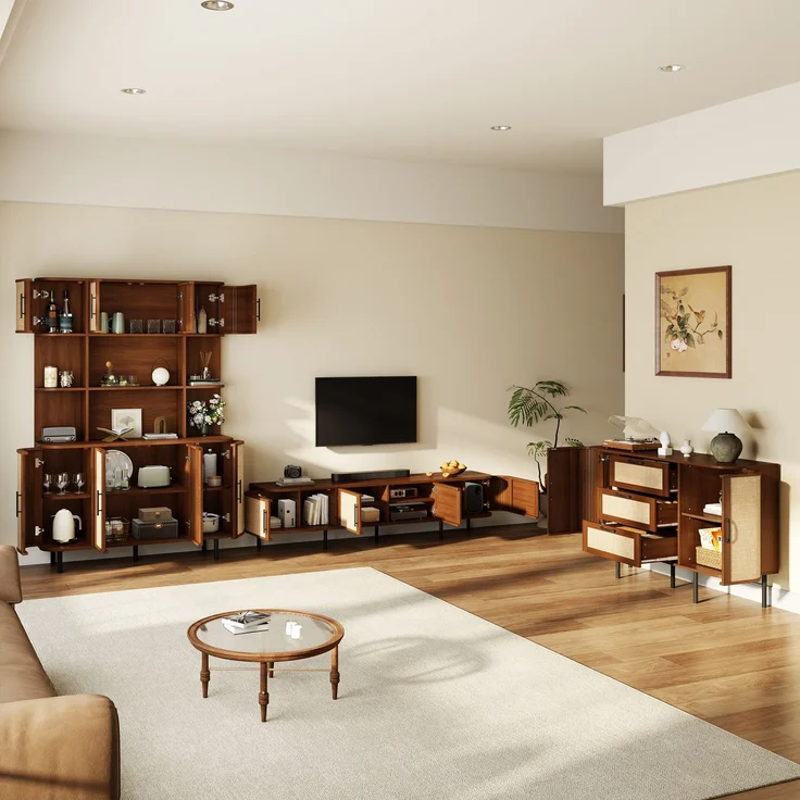 Esszimmer Möbel Set mit TV Lowboard, Sideboard und Hochschrank, MDF Korpus, Geflechtfront, schwarze Griffe und Metallfüße – modernes Wohnzimmer Set--Nussbaum--120x20x180cm--YOUDENOVA – Bild 2