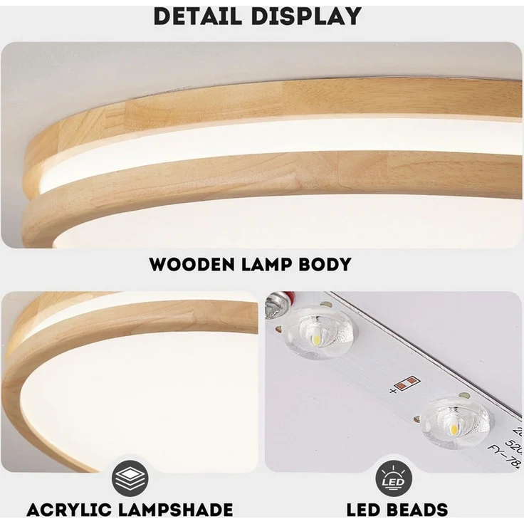 style home Deckenleuchte LED Deckenlampe dimmbar mit Fernbedienung, 96W-Ø50cm, LED fest integriert, Warmweiß bis Kaltweiß 3000K-6000K, Ø50x6 cm, rund Leuchte für Wohnzimmer Schlafzimmer Küche Büro, Holz – Bild 4
