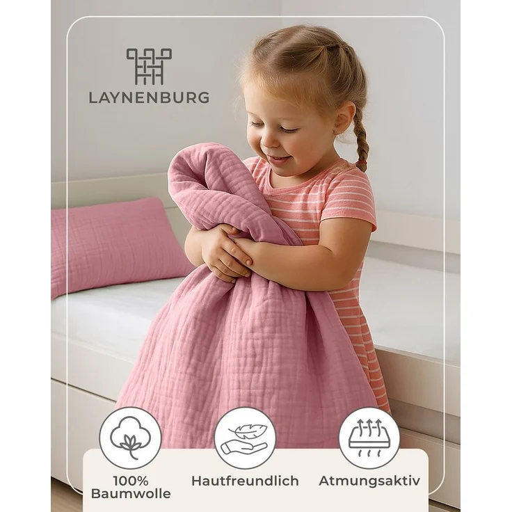 Laynenburg Kinderbettwäsche Musselin 2 teilig aus 100% Baumwolle in 100x135 cm + 40x60 cm, atmungsaktiv & bügelfrei – 3 lagig mit Reißverschluss & Haltebändern – Bild 3