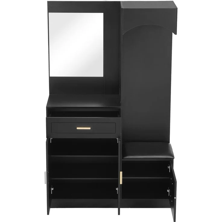 Kompaktgarderobe mit Schuhschrank, Schuhbank, Kosmetikspiegel, verstellbare Einlegeböden, MDF Schwarz, platzsparend – Bild 8