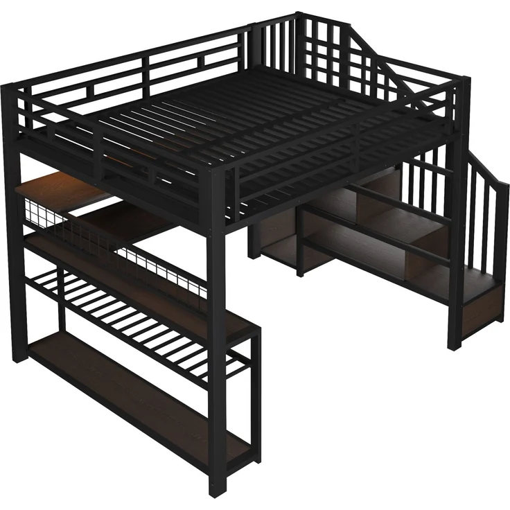 CHICFURN Hochbett aus Metall und MDF, Schwarz, 140x200 cm, mit LED-Licht, Schreibtisch und Stauraum – Bild 8