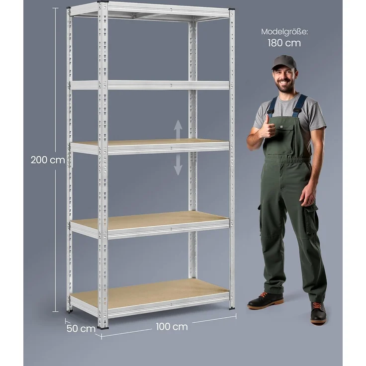 SONGMICS Schwerlastregal, Kellerregal, 50 x 100 x 200 cm, bis 875 kg belastbar, einfache Montage, Lagerregal, verstellbare Ablagen, Lagerregal, silbern – Bild 3
