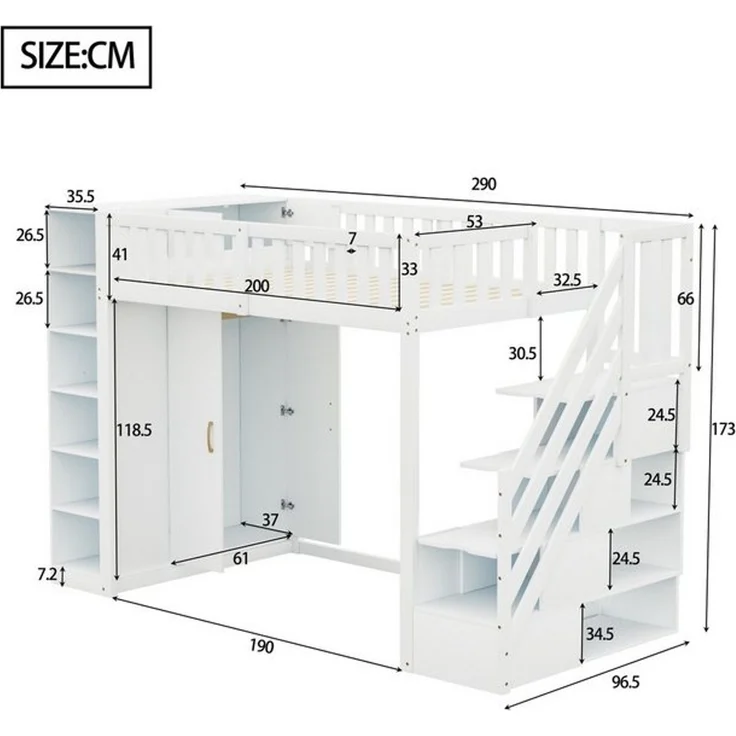 Odikalo Kinderbett Hochbett Jugendbett 90x200 mit Stauraum (Multifunktionales Hochbett 90x200 cm mit Regalen, Stauschrank und großem Kleiderschrank, Sicherheitsleiter mit Ablagefächern, Grau + Rohholzfarben) – Bild 4