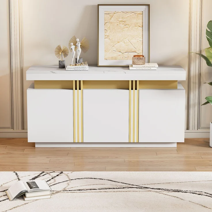 ZUBALIYA Sideboard 140x38x70 cm, mit 3 Türen, aus Spanplatte, Weiß – Bild 7