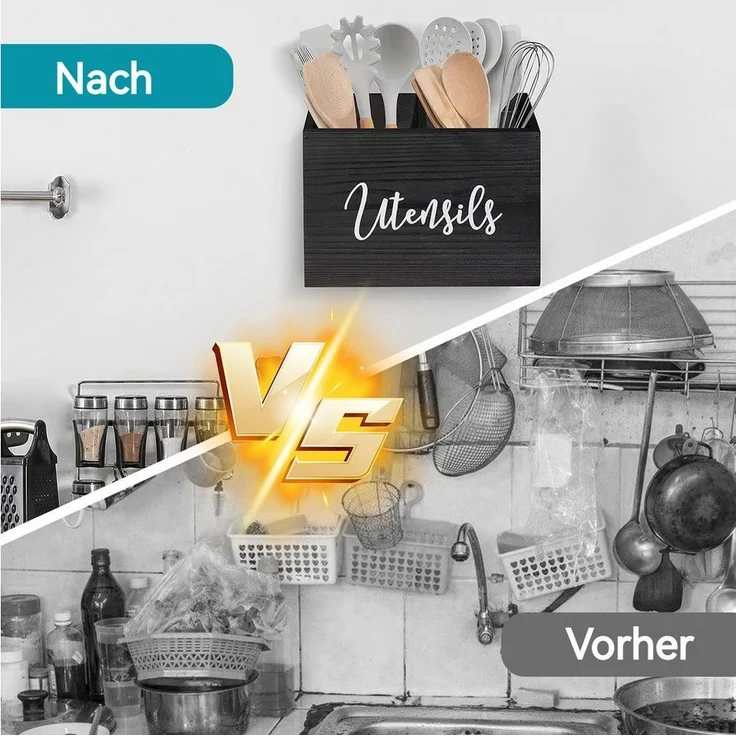 BlingBin Besteckhalter Utensilienhalter aus Holz, küchenutensilienhalter Utensilien-Organizer, (1er Set, 1-tlg, Holz-Utensilienbehälter mit 3 Fächern, 25,4 x 11,5 x 8,6 cm), Aufbewahrungsbehälter, Besteckhalter, für Messer, Gabel und Löffel – Bild 3