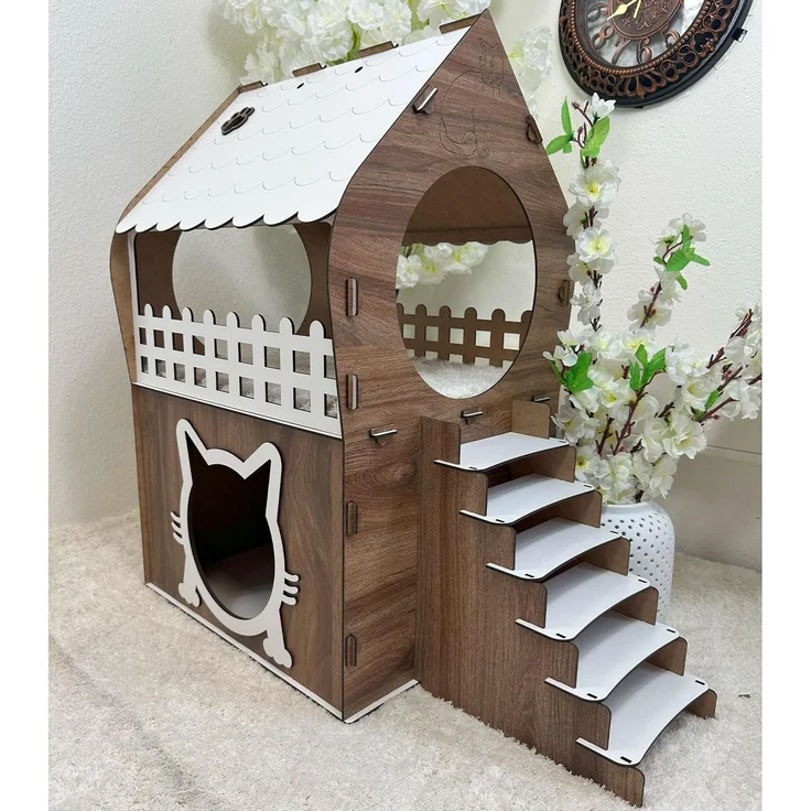 Jungengel Tierhaus Zweistöckiges Katzenhaus aus MDF – Braun & Weiß – in XL, XXL, 3XL, Werkzeugloser Aufbau, Zweistöckig, Balkon mit Rundfenster – Bild 7