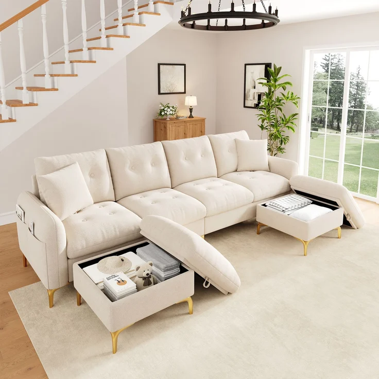 Merax 4-Sitzer U-förmiges modulares Schlafsofa mit 2 Stauraumhockern und 2 Dekokissen, Gesamtmaße 263×137×85 cm, Beige – Bild 2
