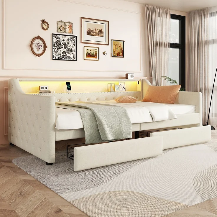 Bett 90x200 cm aus Leinen mit LED-Ambiente und Stauraum – Bild 1