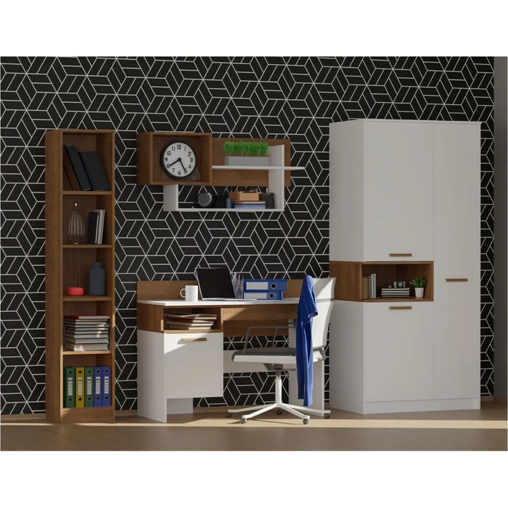 Marmex Möbel Grant Set-06B Jugendzimmer Komplett-Set 4-teilig mit Kleiderschrank, Schreibtisch, Wandregal, offenes Regal, Kinderzimmermöbel mit Schreibtisch, laminierte Spanplatte, Kleiderstange, weiß+riviera Eiche, 234x195x55 cm – Bild 6