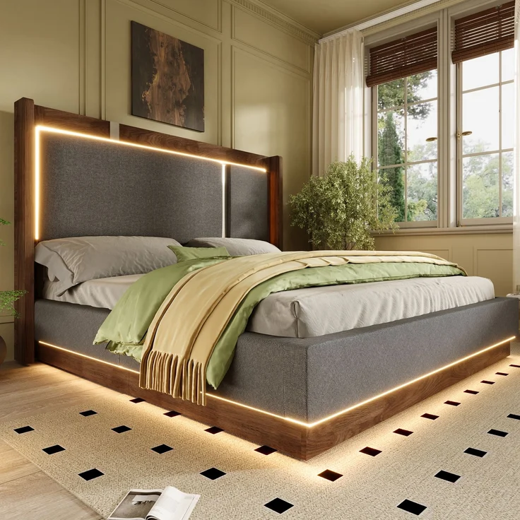 LVHOM Doppelbett 180 x 200cm, Polsterbett mit hydraulischem Stauraum, Boxspringbett mit LED und hohem Kopfteil, Linen, Beige – Bild 8