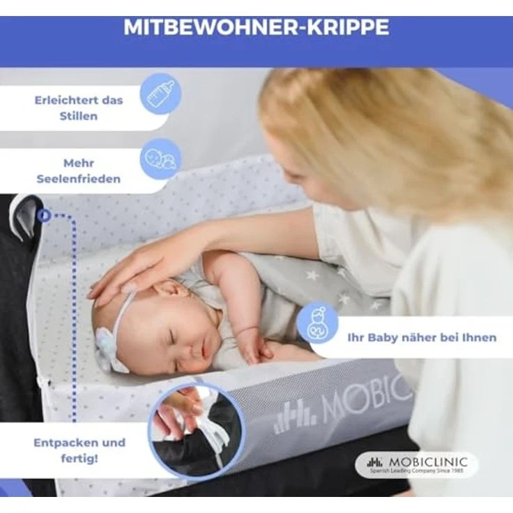 Mobiclinic®, 3-in-1-Babybett, Night, Beistellbett, Höhenverstellbar, Matratze, Moskitonetz, 360°-Rollen, Gurte, Aufbewahrungskorb, Bis 20 kg, Schwarz – Bild 3