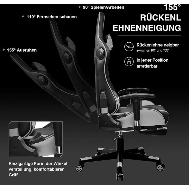 GTPLAYER Gaming Stuhl Gamer Stuhl mit Fußstütze Bluetooth Lautsprecher Ergonomischer Bürostuhl Computerstuhl Schreibtischstuhl PC Stuhl mit verstellbare Rückenlehne 200 kg Belastbarkeit grau – Bild 8