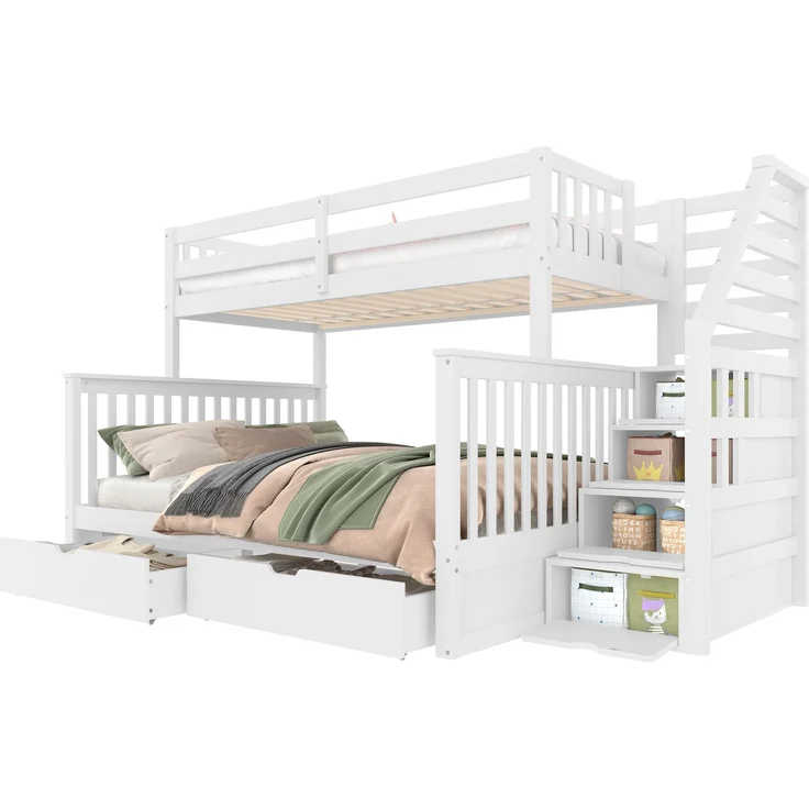 Etagenbett 90x200 cm über 140x200 cm Weiß – Kinderbett mit Sicherheitsgeländer, Leiter, 2 Schubladen, Stauraum – Bild 10