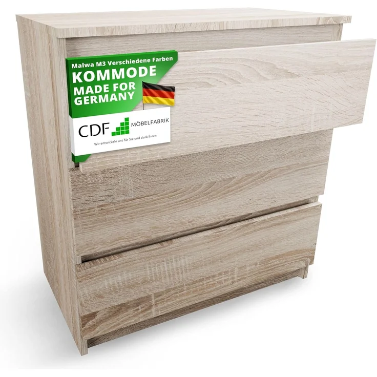 CDF Kommode mit Schublade Eiche Sonoma Schrank Schubladenschrank 3 Schubladen Malm Kommode viel Stauraum Geeignet für Wohnzimmer Schlafzimmer Komodenschrank Organizer Kleidung 40T x 70B x 75H cm – Bild 1