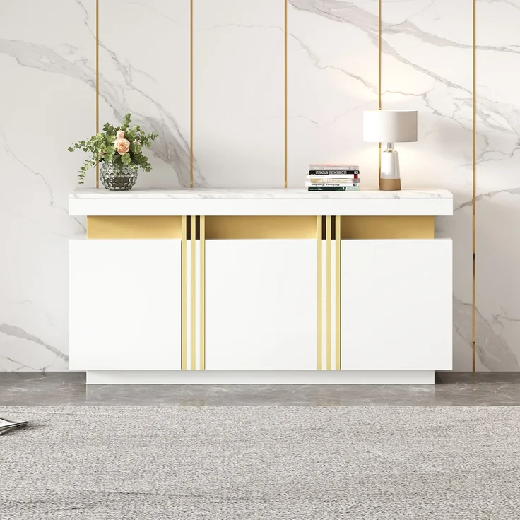 Merax weißes Sideboard, mit 3 Türen, Esszimmerschrank mit verstellbaren Trennwänden, Platin-Nähte – Bild 2