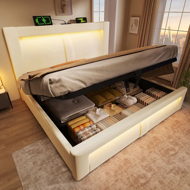 EINHOM Einzelbett 180 x 200 cm mit Stauraum, Hydraulisches Bett, LED-Beleuchtung mit APP-Steuerung, USB- & Type-C-Ladeanschlüsse, Samt, Kopfteil mit Gebogenem Design, Beige (Ohne Matratze)