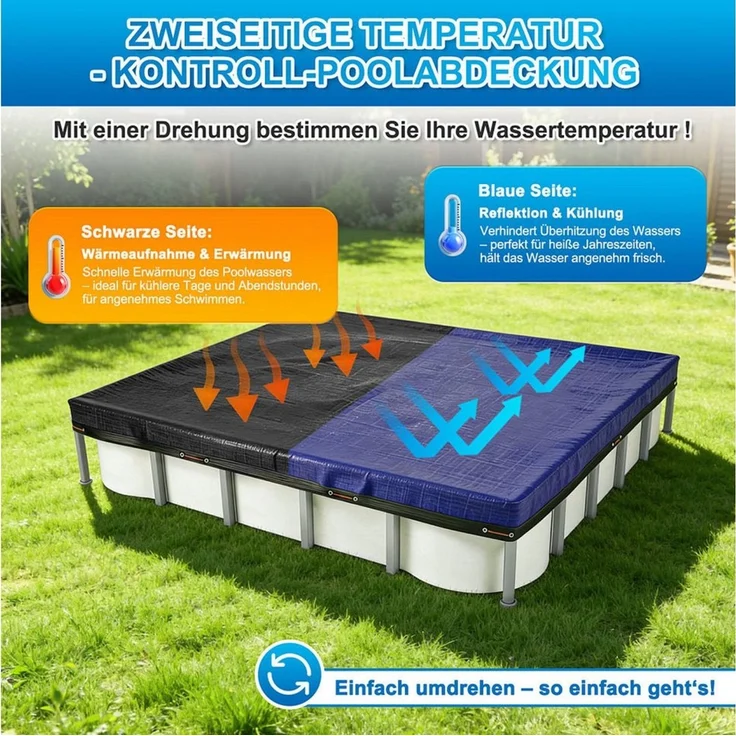 Clanmacy Pool-Abdeckplane Pool-Abdeckplane PE rechteckig Blau/Schwarz mit Ösen & Stahlseil – Bild 3