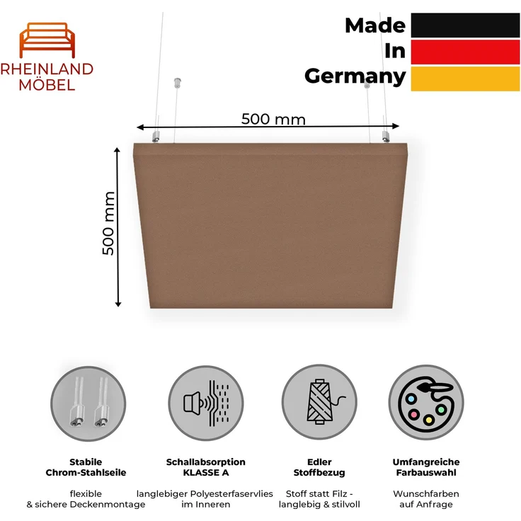 Rheinland Möbel FocusWall DAQ0505 – Quadratischer Akustik-Deckenabsorber 50×50 cm in Stofffarbe Sandstorm inkl. Chrom-Stahlseilen - Made in Germany - Klasse A, Stoffbezug, schwer entflammbar – Bild 2