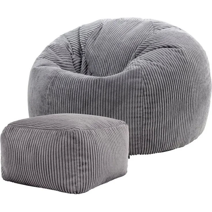 Icon Klassischer Sitzsack Flauschig aus Cord „Kingston“ mit Hocker, Anthrazitgrau, Cord Sitzsack Erwachsene mit Füllung, Indoor Sitzsack Kuschelig Groß