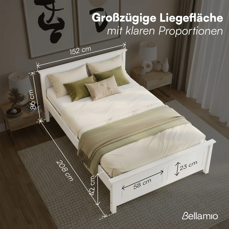 Bellamio 'Medje' Bett 140x200 cm in Kassettenoptik, Kiefer, weiß lackiert, Holzbett im Landhausstil mit Lattenrost, geeignet als Doppelbett – Bild 9