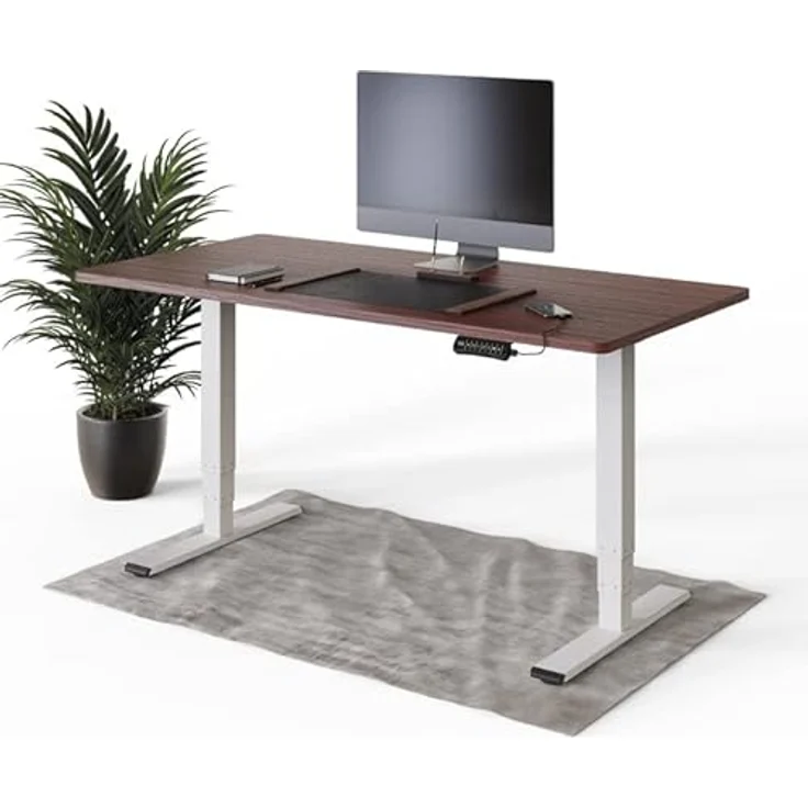 DESQUP DESKSPACE PRO Plus Elektrisch Höhenverstellbarer Schreibtisch, 160x80 cm Mahagoni Tischplatte, Ergonomisches Stehpult mit Memoryfunktion, Ladebuchse & Kollisionsschutz, Weißes Gestell – Bild 1