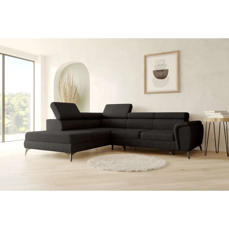 99rooms Parma Ecksofa Velours VOGUE Schwarz Links mit Schlaffunktion und Stauraum